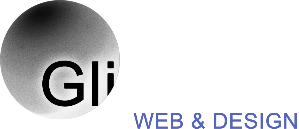 Glistex Web & Email logo with inveted colours and blue subtext, with a transparent background.